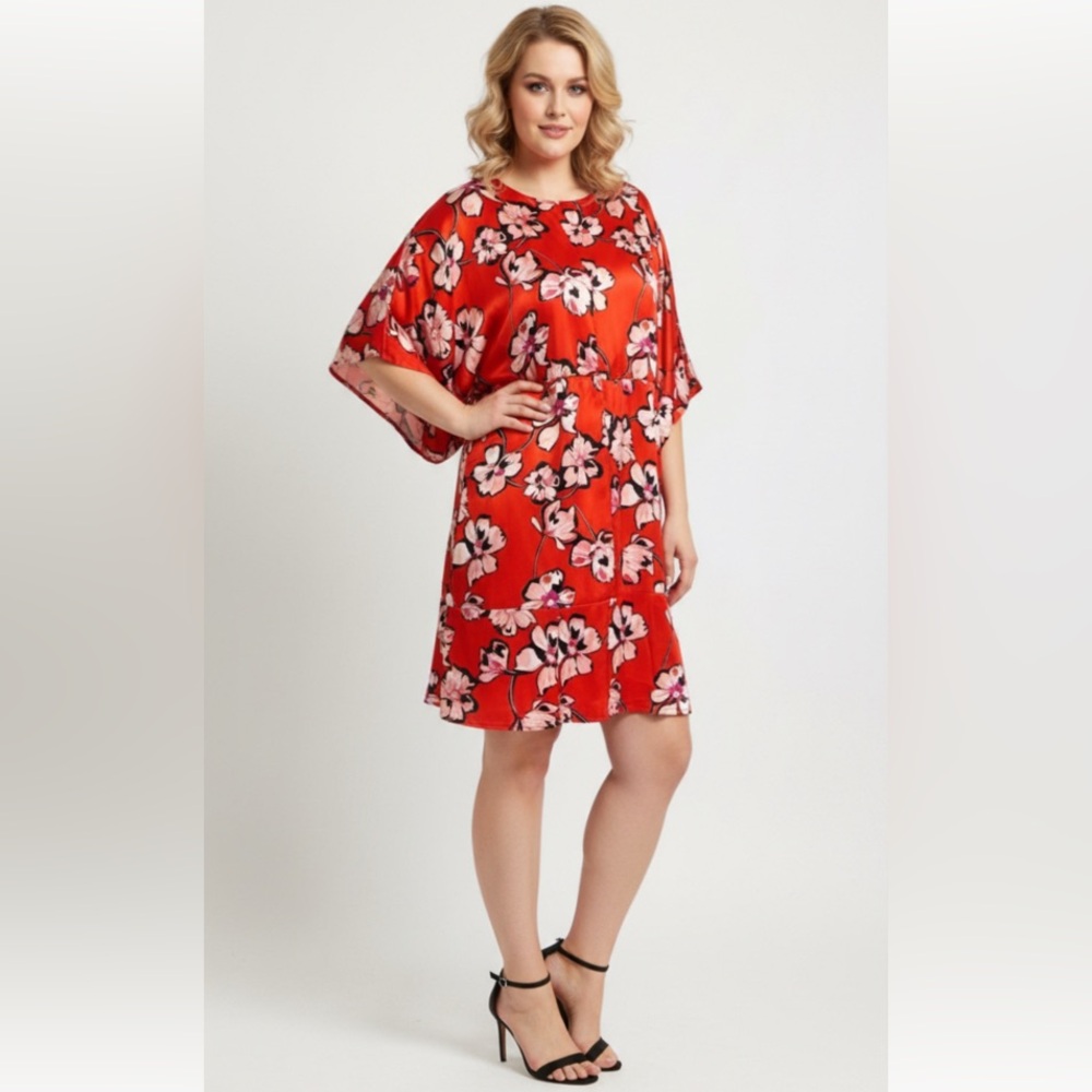 Lewit 100% Silk Floral Red Kimono Sleeve Dress - Size 16